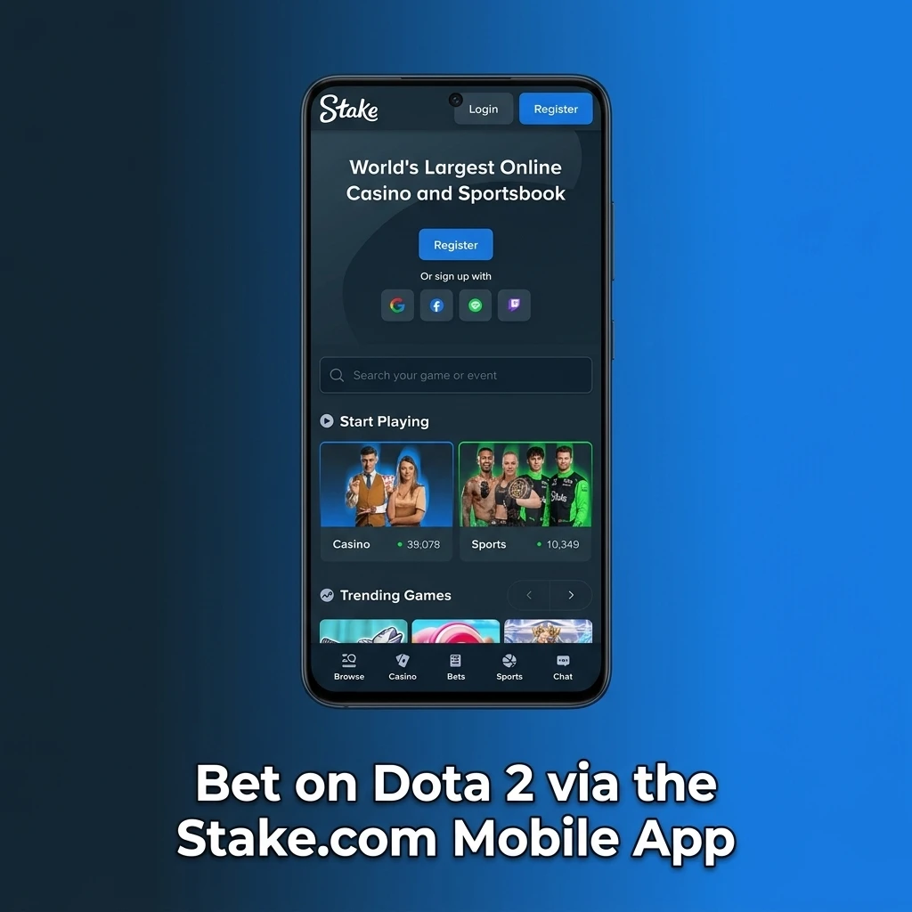 Stake.com mobile app open on Dota 2 esports betting market with live odds and bet slip on screen