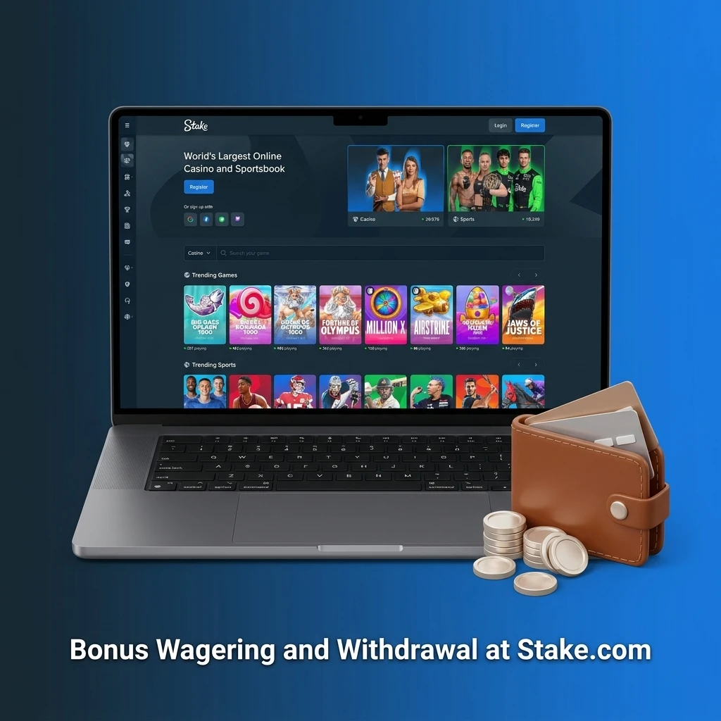 Stake.com bonus wagering requirements explained, including withdrawal conditions, game contributions and balance transfer process