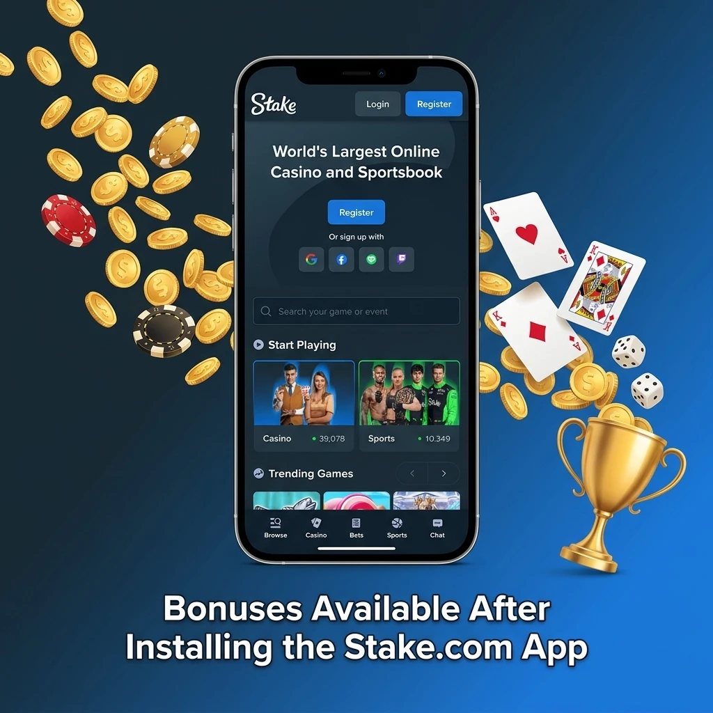 Stake.com app bonuses including Weekly Raffle USD 75K, Daily Races USD 100K, VIP rewards and reload offers