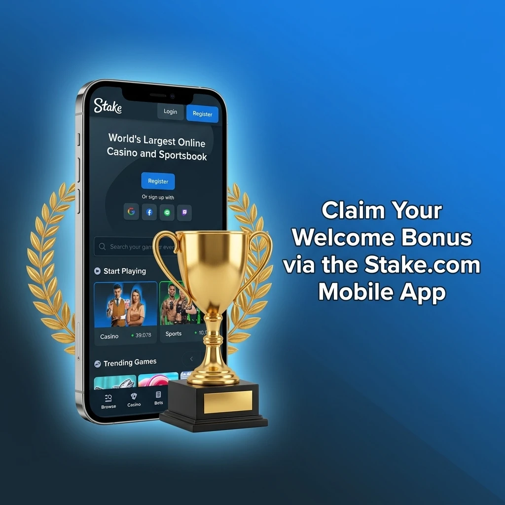 Stake.com mobile app welcome bonus claim guide showing step-by-step process on Android and iOS devices