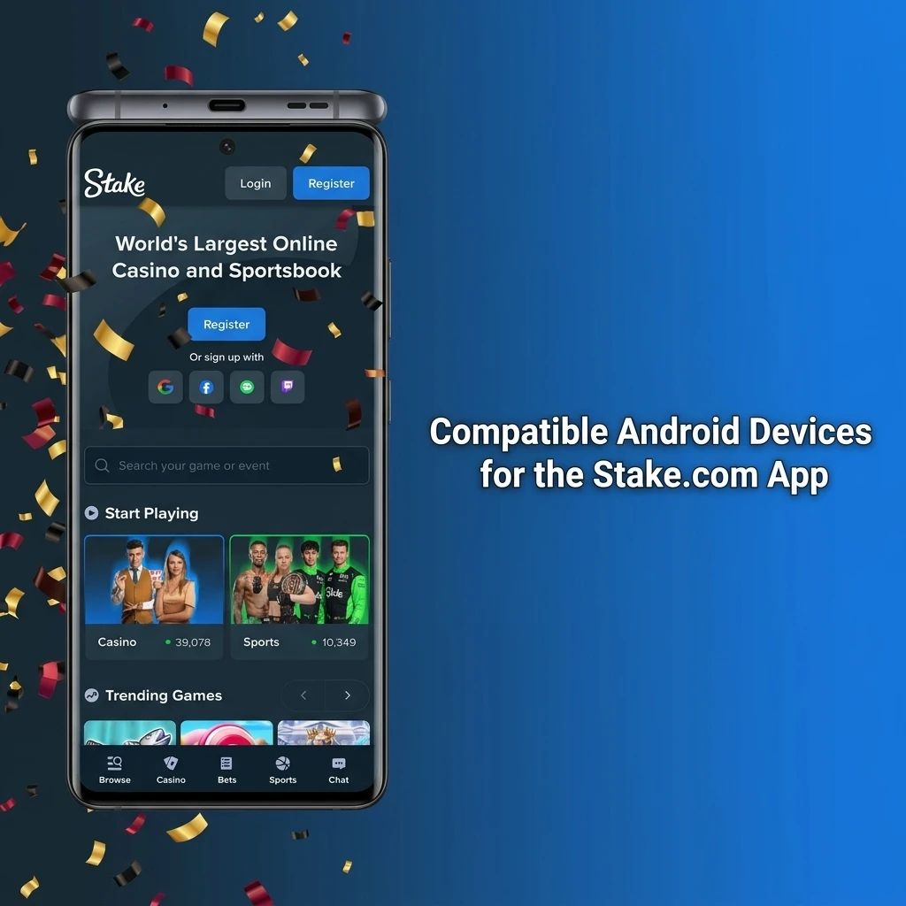 Compatible Android devices for Stake.com app in India including Samsung, Redmi, OnePlus, Realme, Vivo, and Oppo models