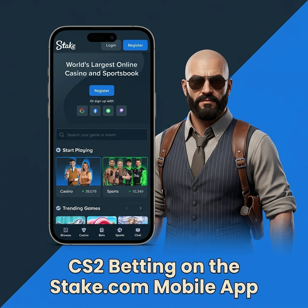 Stake.com mobile app interface showing CS2 eSports betting markets and live wagering options on smartphone