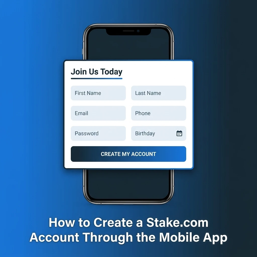 Step-by-step guide to creating a Stake.com account through the mobile app with registration form fields visible