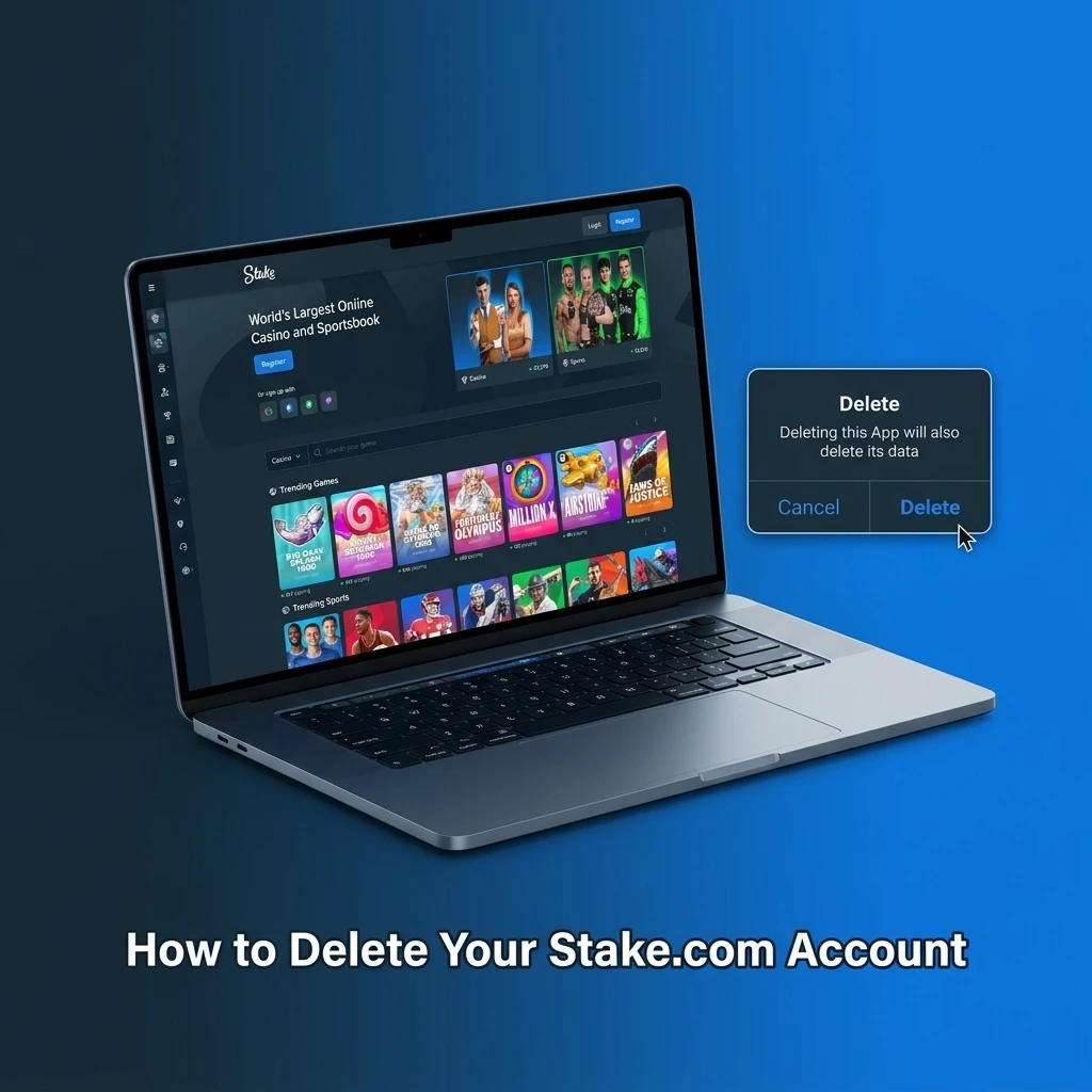 Person deactivating Stake.com account through settings menu, following steps to permanently delete gambling profile online
