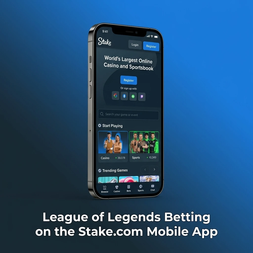 Stake.com mobile app showing League of Legends esports betting markets with live odds and in-play options
