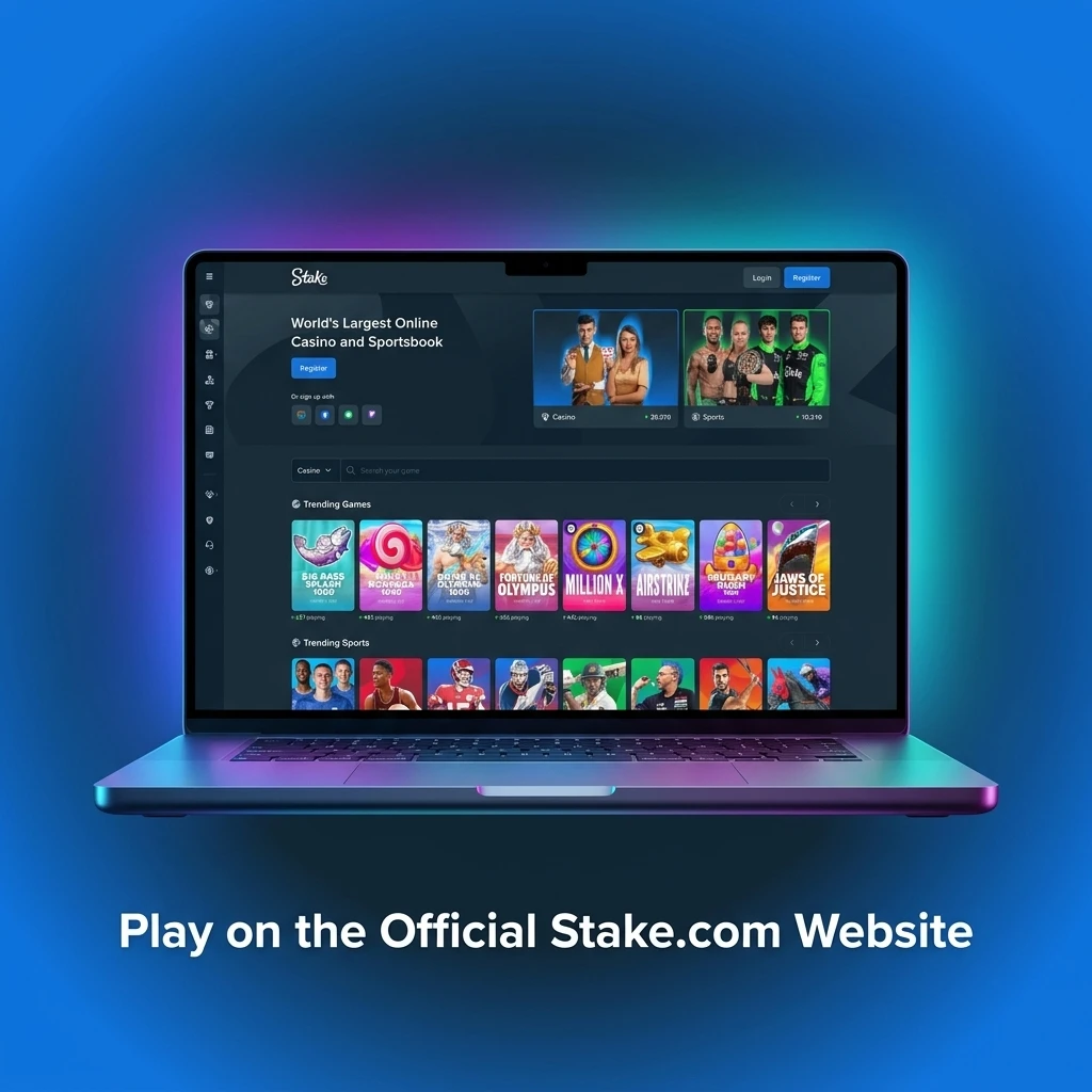 Play on the official Stake.com website via browser with access to sports betting, live casino, slots, and instant games.