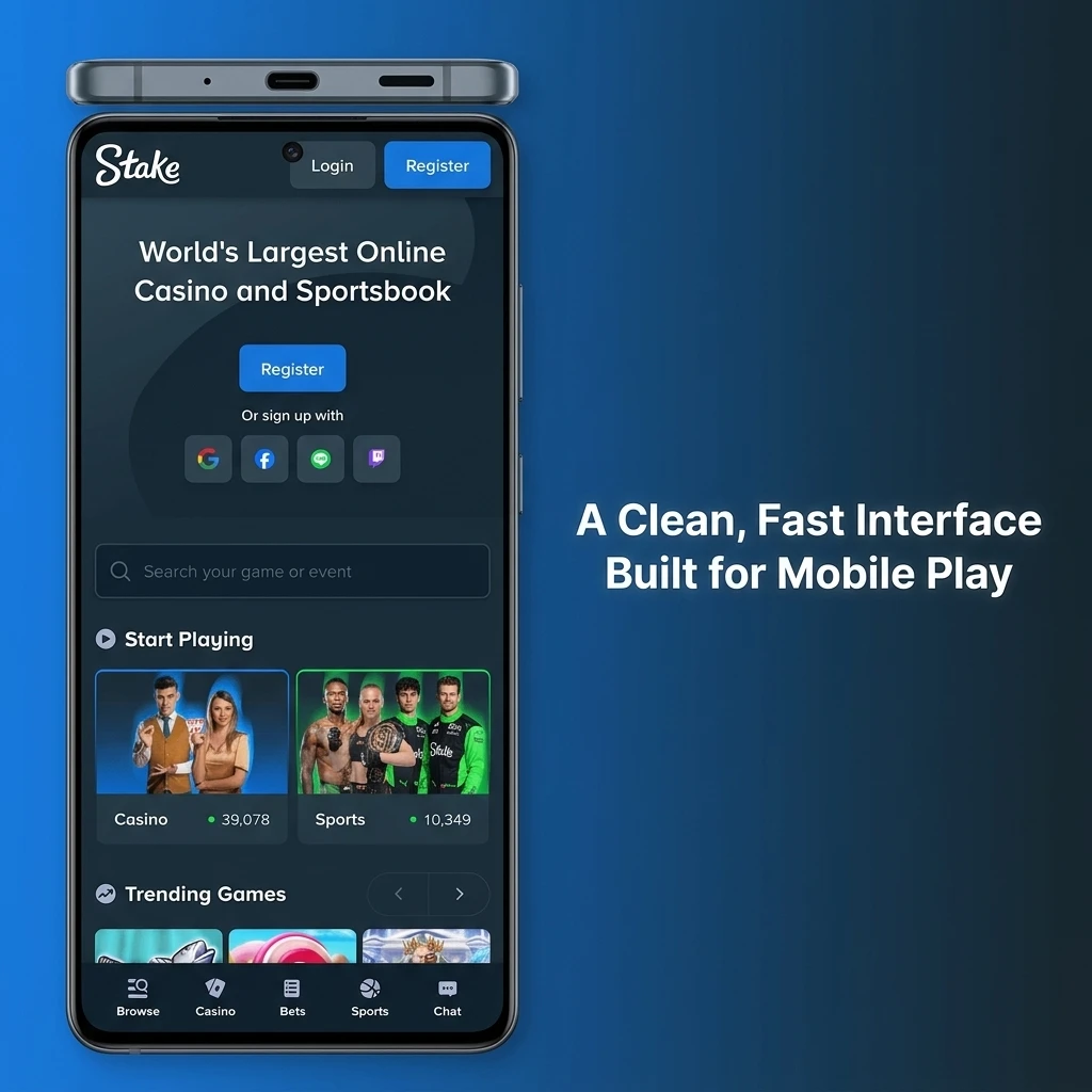 Stake.com mobile interface with dark theme showing fast navigation for casino games, sports betting, and account settings