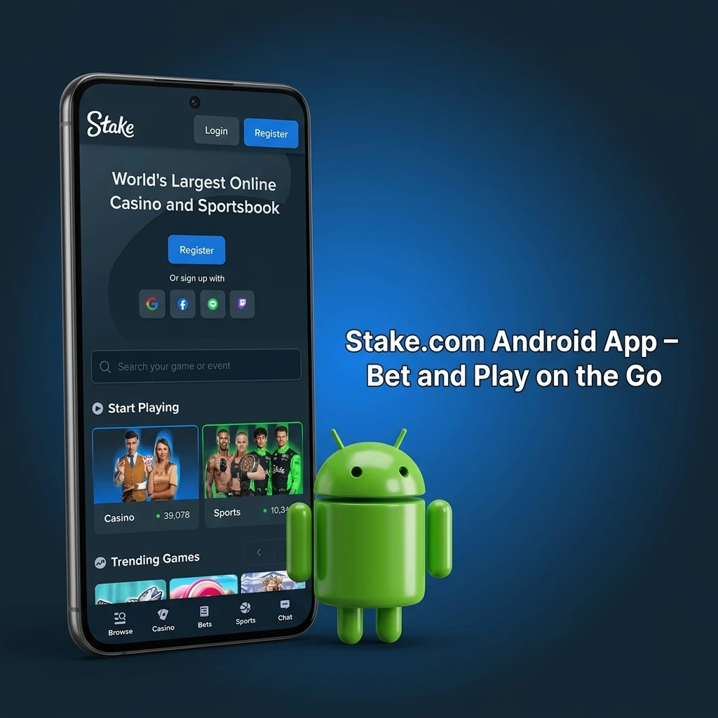 Stake.com Android app interface showing mobile betting and casino games available for free download on Android devices