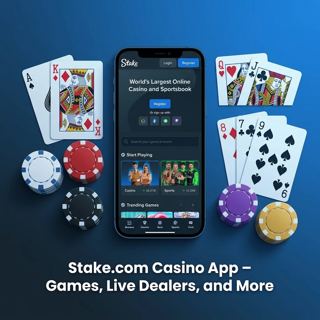 Stake.com casino app showing live dealer games, slots, and table games like Blackjack, Roulette, and Baccarat