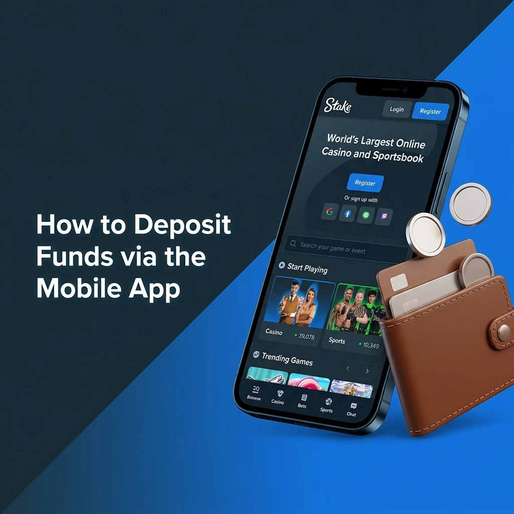 Stake.com mobile app deposit guide showing wallet icon, cryptocurrency selection, and QR code scanning steps