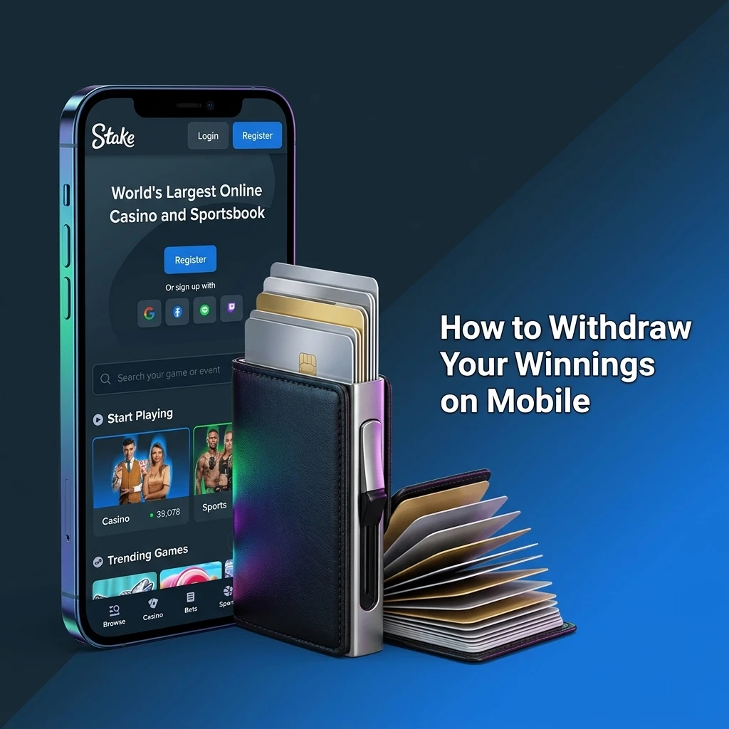 Stake.com mobile withdrawal steps: tap wallet icon, select crypto, enter wallet address and confirm transaction