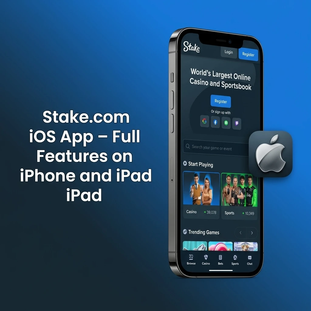 Stake.com iOS app running on iPhone and iPad showing full platform features with adaptive interface design
