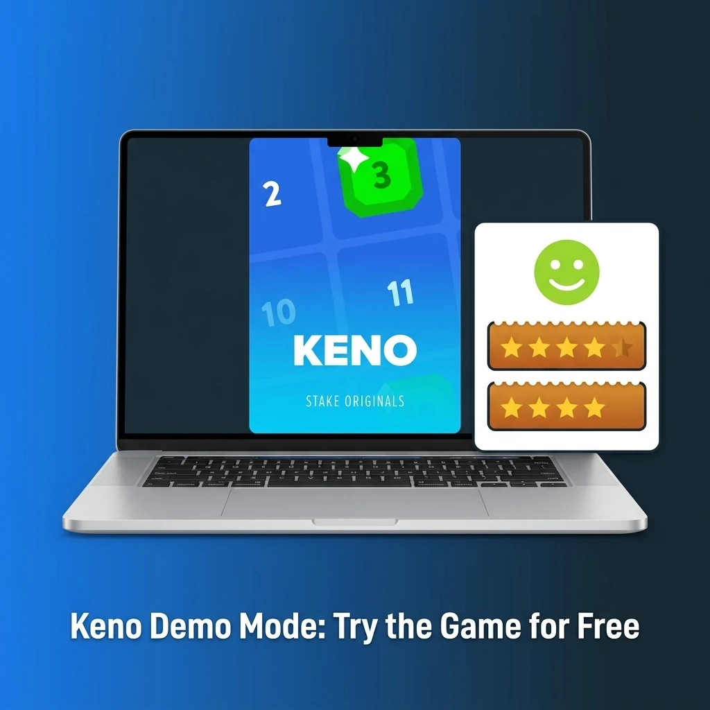 Keno demo mode on Stake.com showing free gameplay with pick options and volatility settings for practising