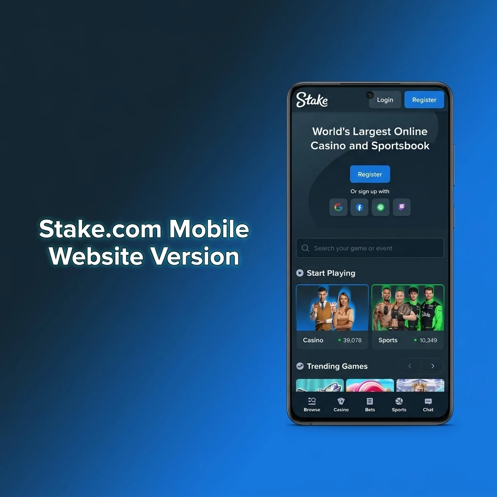 Stake.com mobile website interface on smartphone showing sports betting, live casino, slots and crypto transactions