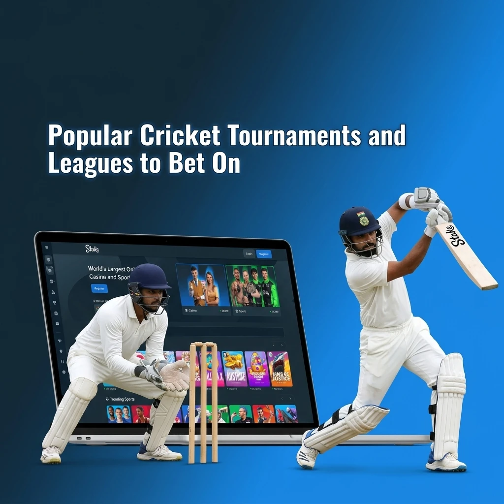 Popular cricket tournaments to bet on including ICC World Cup, IPL, T20 World Cup, and The Ashes on Stake.com