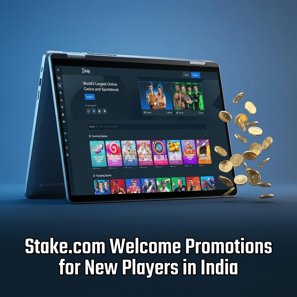Stake.com welcome promotions showing Weekly Raffle USD 75,000 and Daily Races USD 100,000 for new players in India