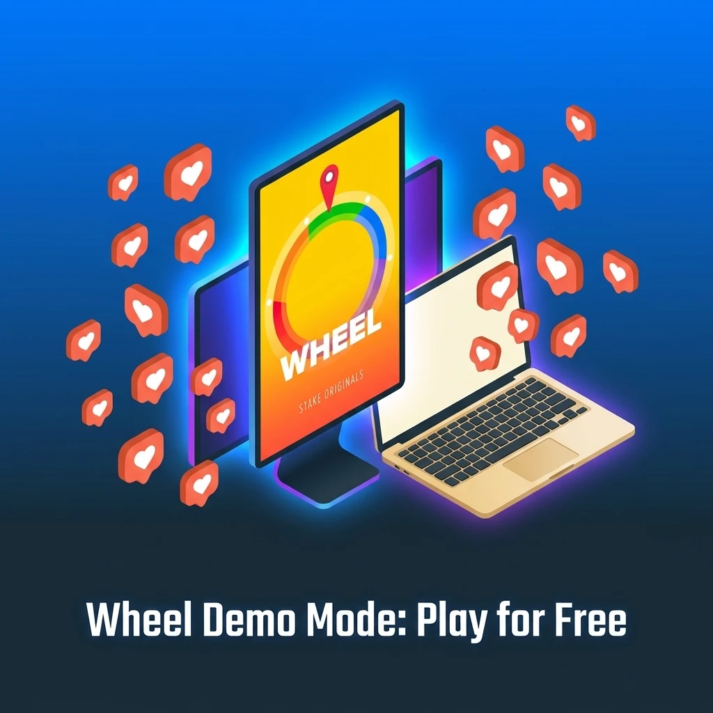 Stake.com Wheel demo mode interface showing free play with virtual credits and multipliers