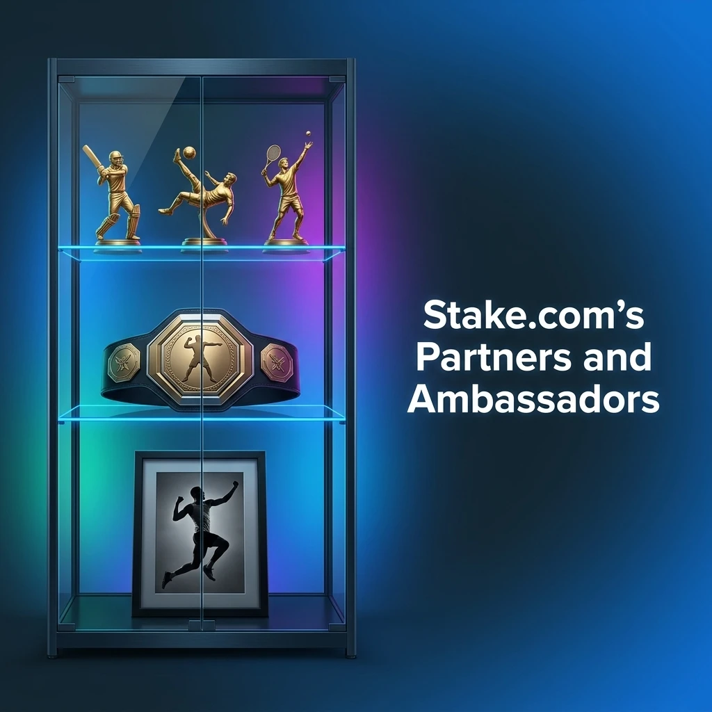 Stake.com partners including Drake, Everton FC, UFC, Alfa Romeo F1 Team, and KSI ambassadors