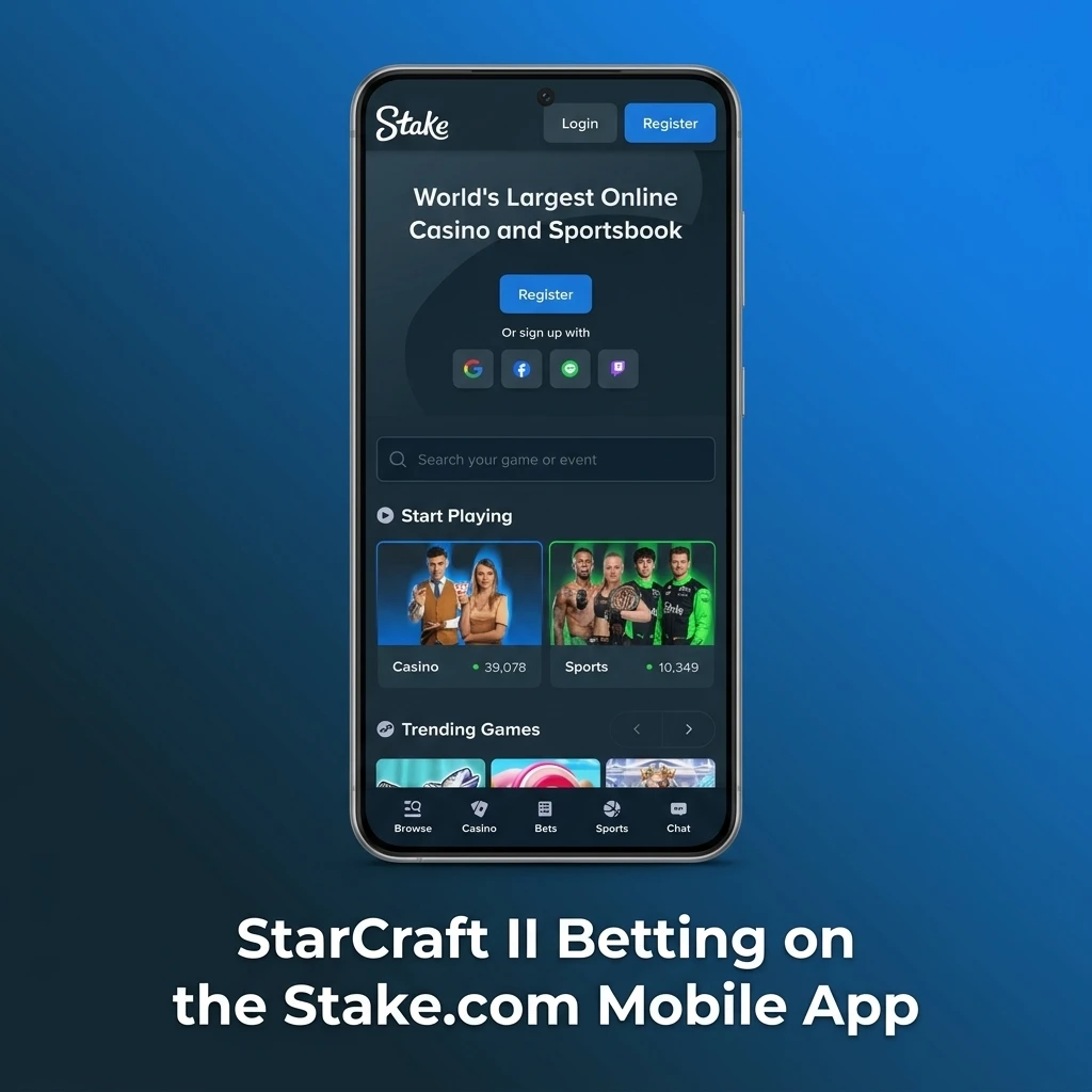 StarCraft II betting on Stake.com mobile app showing esports markets, live odds, and in-play wagering steps for Android and iOS