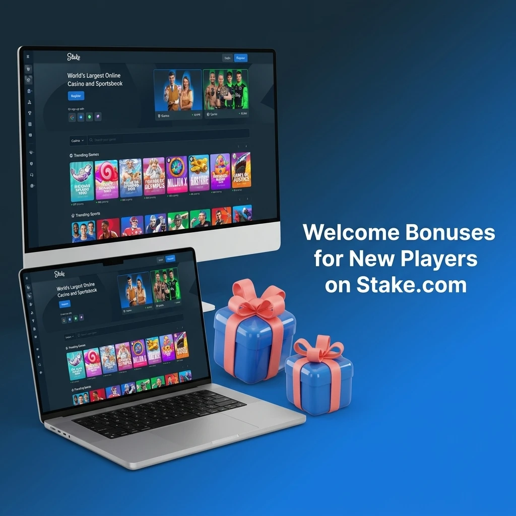 Stake.com welcome bonuses showing Weekly Raffle USD 75,000 and Daily Races USD 100,000 promotions for new players